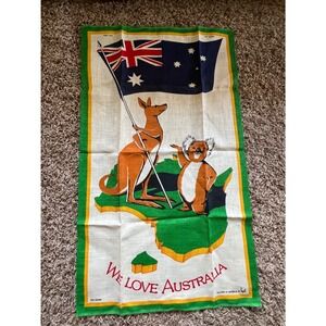 Vintage We Love Australia Pure Linen Tea Towel Kangaroo Koala Flag Souvenir Neil